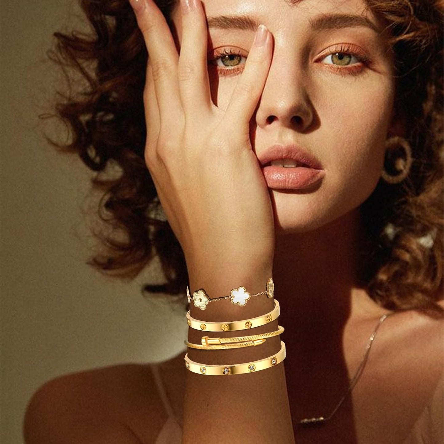 Ntutrxk Pulseras de oro para mujer - 4 piezas\/3 piezas, juego de p...