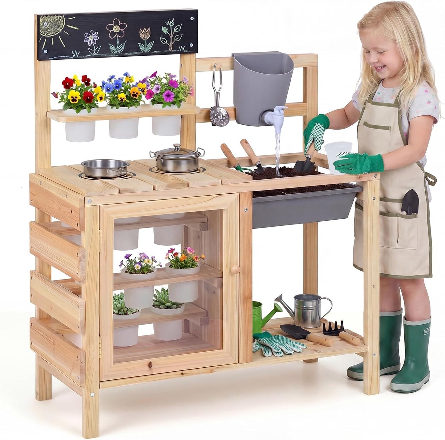 Costzon Cocina de barro, banco de madera para macetas para niños co...