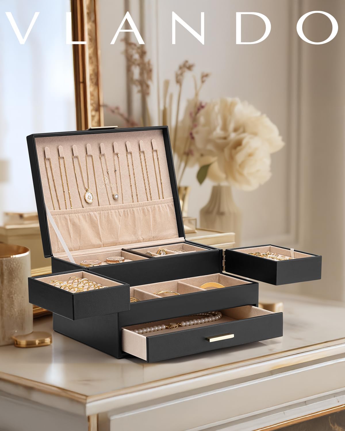 Vlando Joyero de 3 capas \u2013 Joyero para mujer con bandeja retrá...