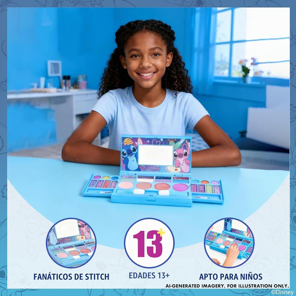 Stitch - Paleta de maquillaje plegable con espejo, brillo de labios...
