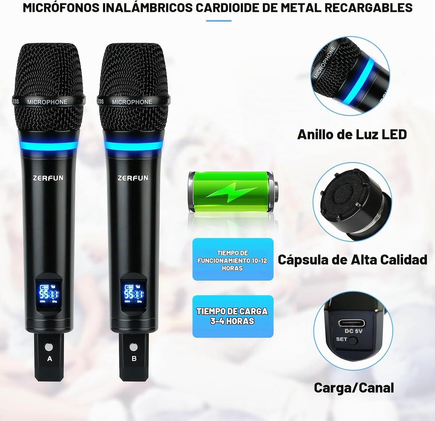 ZERFUN Sistema de Micrófono Inalámbrico Recargable de 4 Canales, Mi...