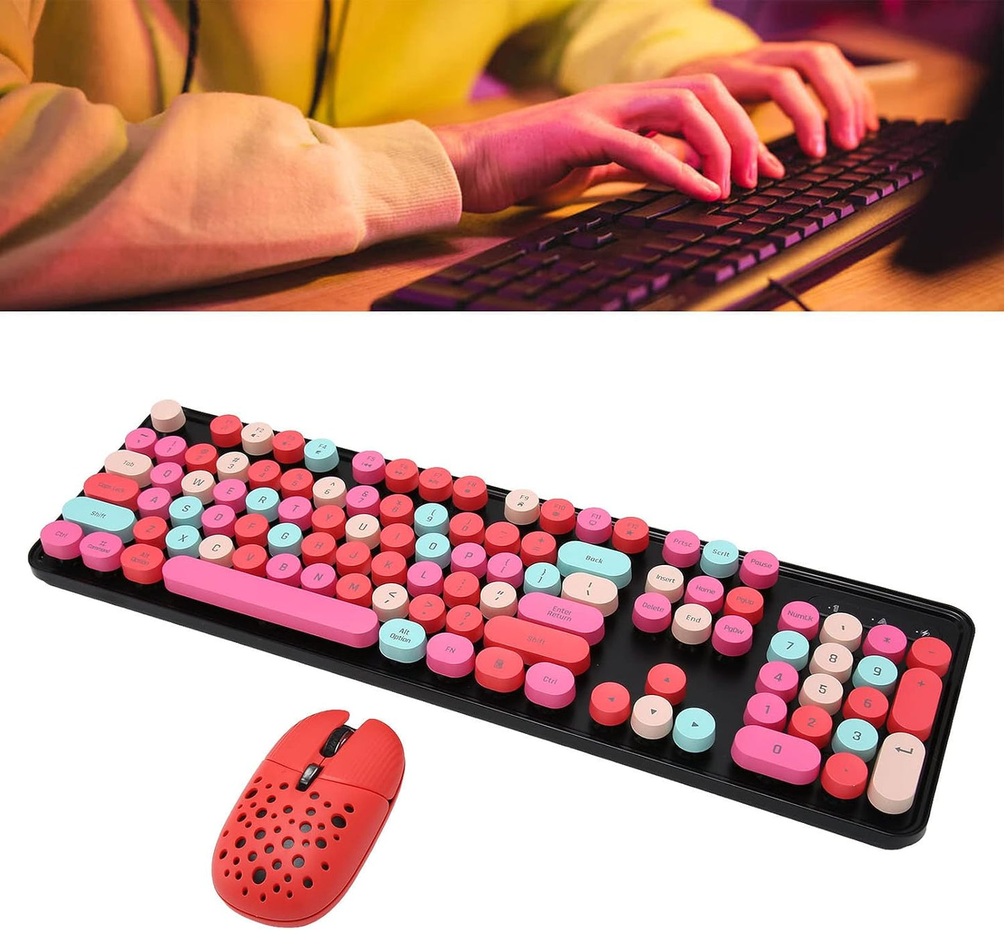 Combo de teclado y mouse inalámbricos, teclado retro de tamaño comp...