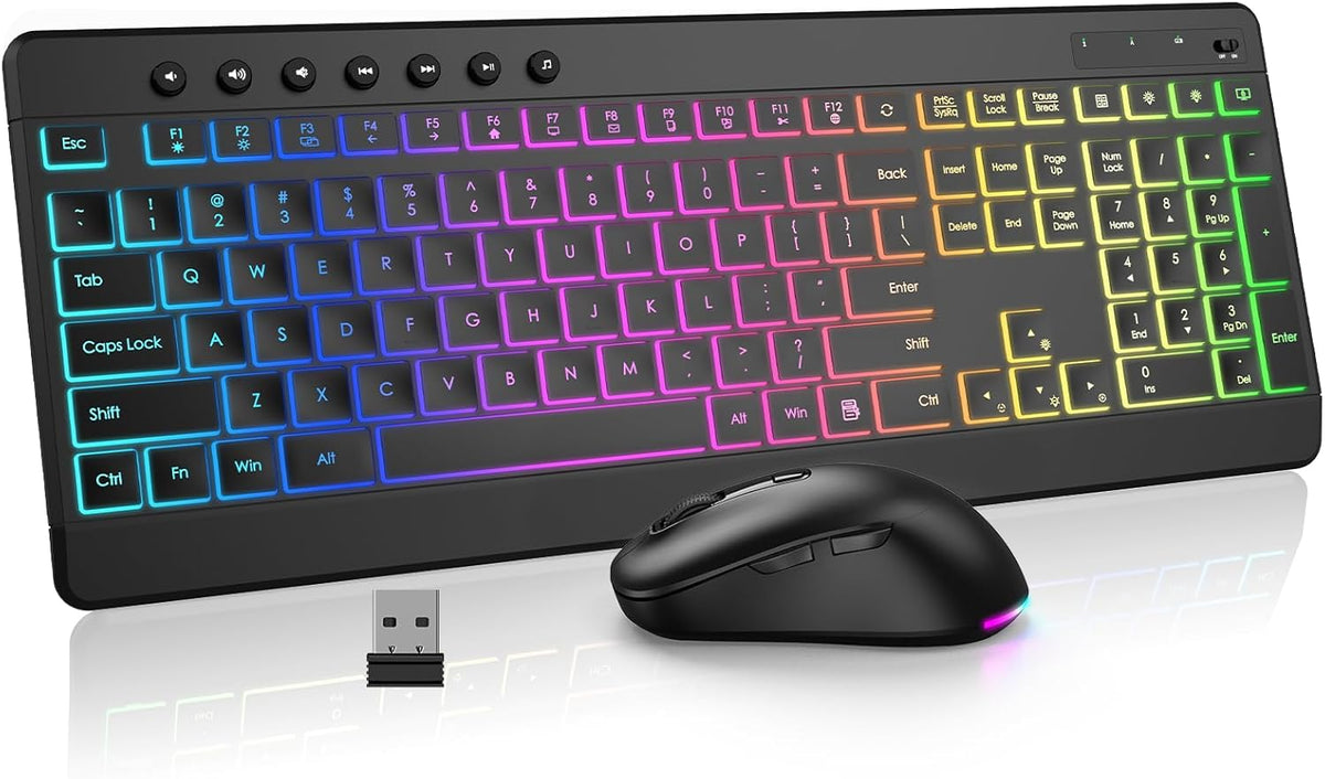 EDJO Combo de teclado y mouse inalámbricos, 10 efectos retroilumina...