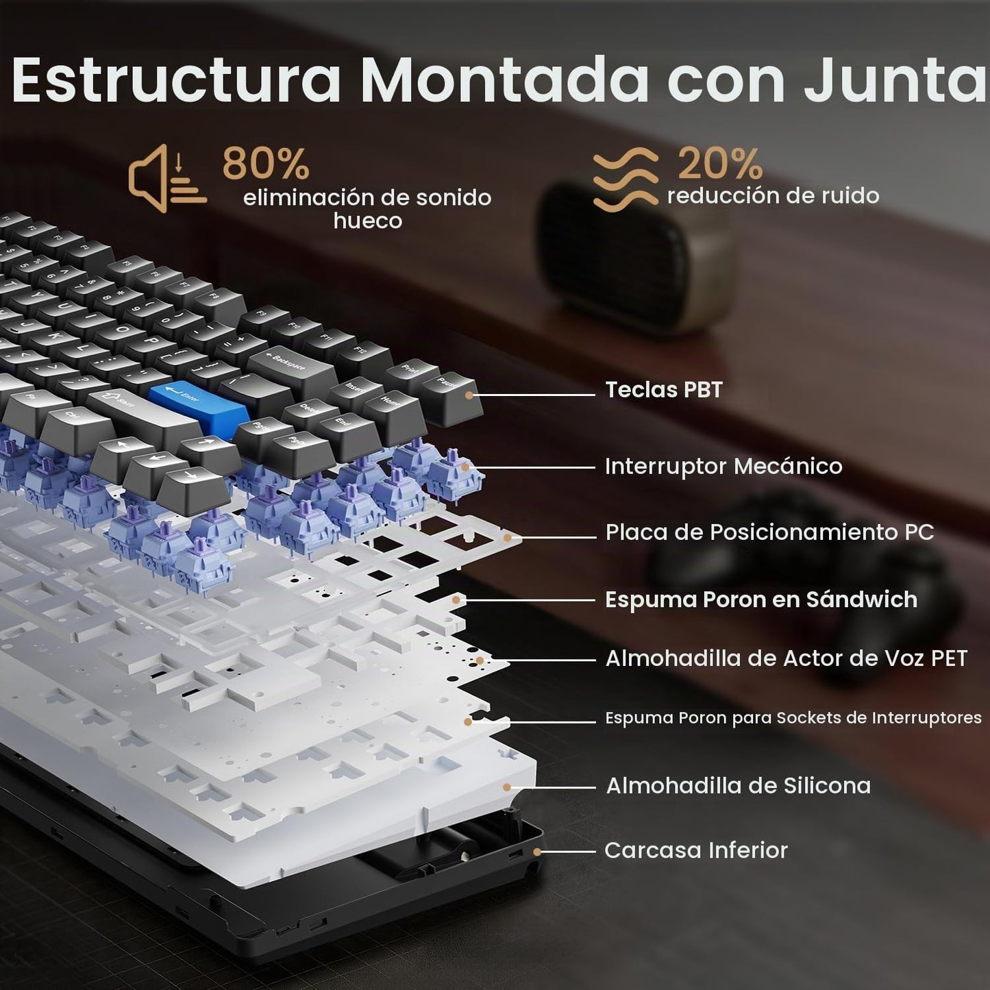 Teclado mecánico inalámbrico, montado con junta, con sonido cremoso...