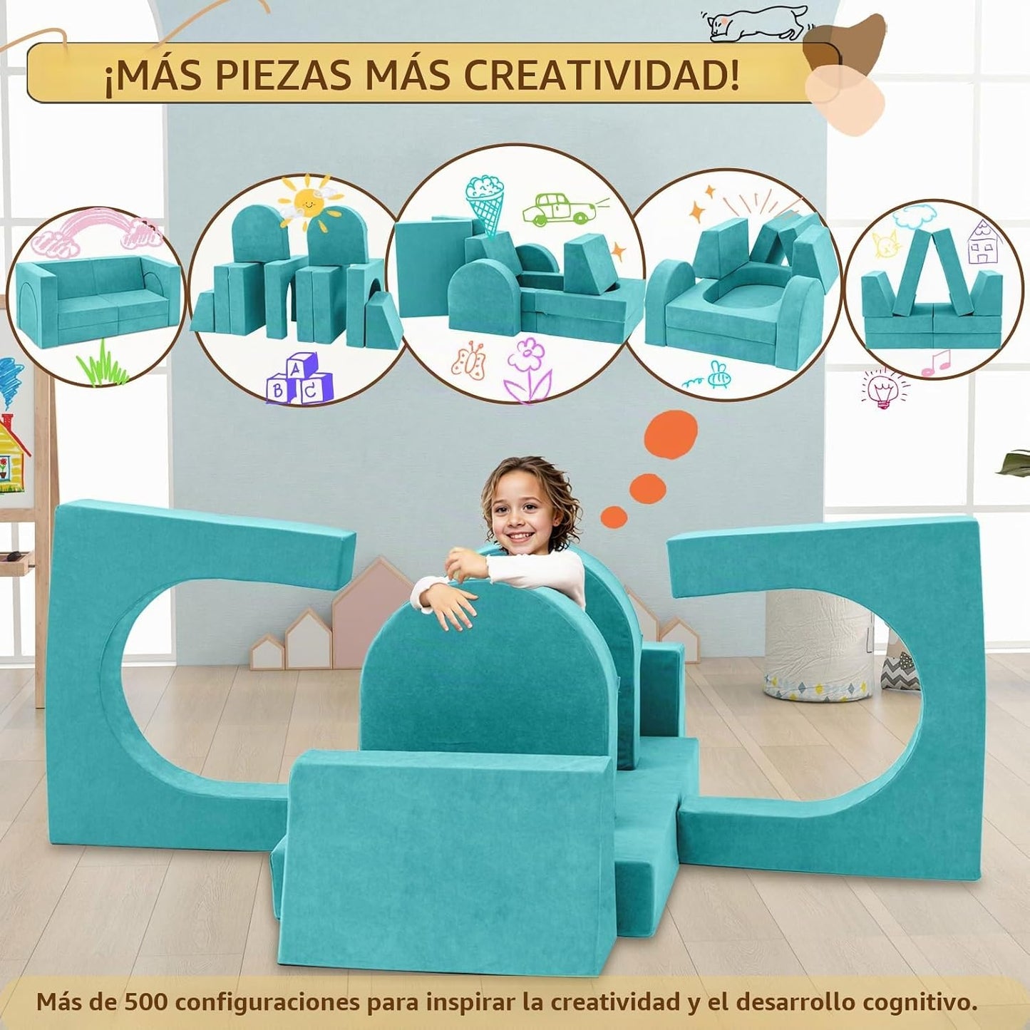 Fvkind Sofá de juego para niños de 10 piezas, sofá modular para niñ...
