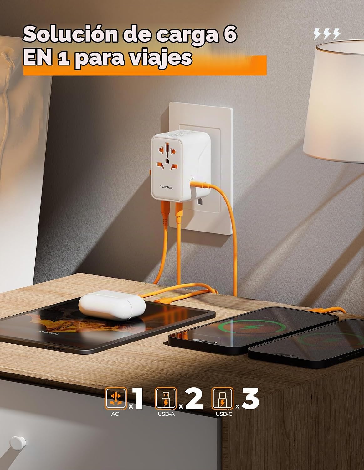 Adaptador de viaje universal TESSAN 100W GaN | Adaptador de corrien...
