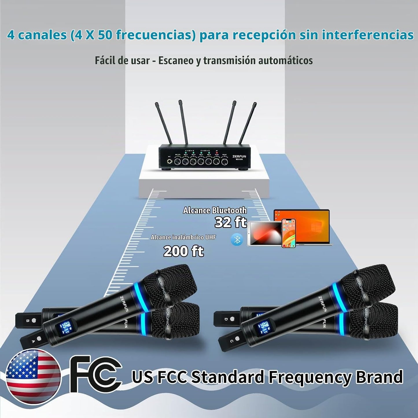 ZERFUN Sistema de Micrófono Inalámbrico Recargable de 4 Canales, Mi...
