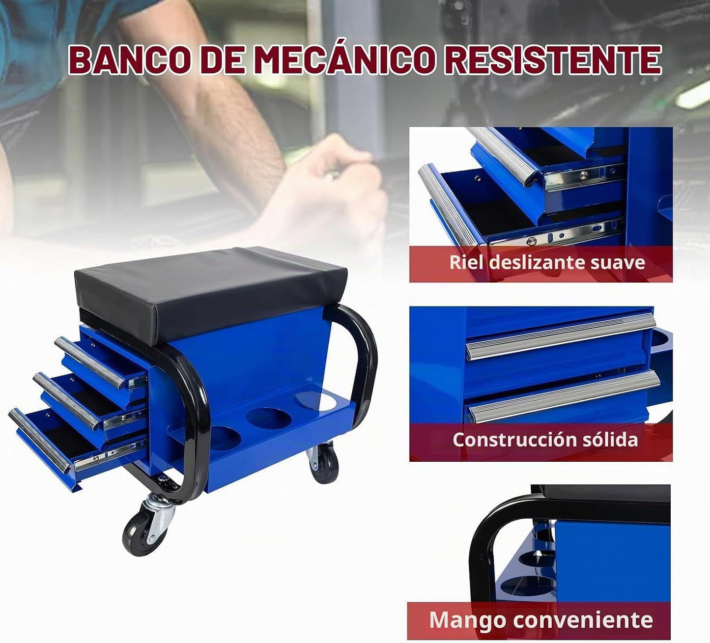 S.Walt Taburete mecánico rodante con ruedas, asiento deslizante con...