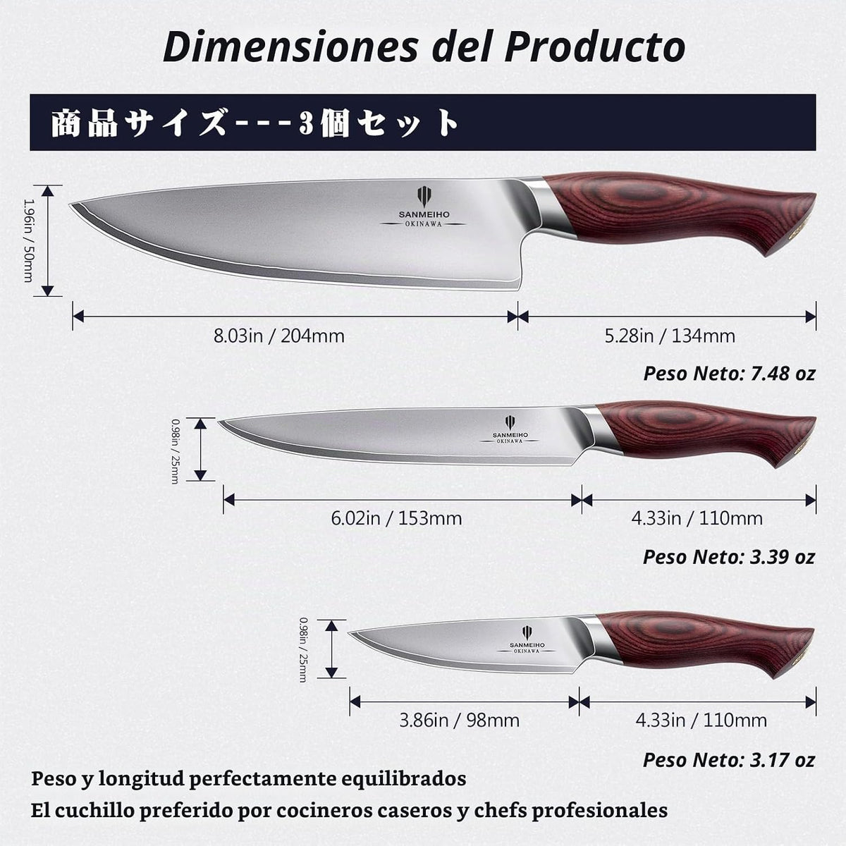 SANMEIHO Juego de cuchillos japoneses 3 piezas, acero inoxidable 10...