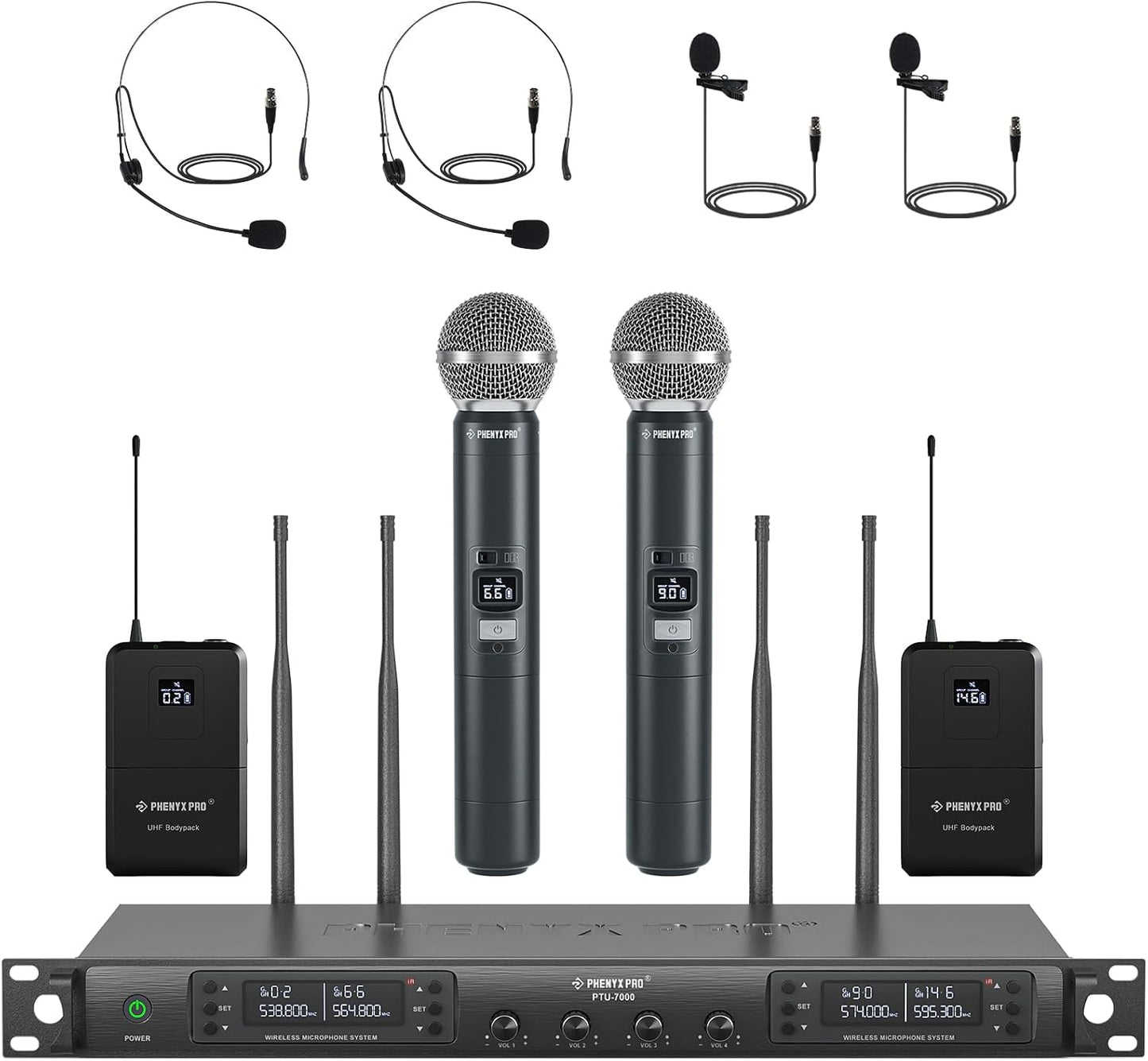 Phenyx Pro Sistema de micrófono inalámbrico de 4 canales con escane...