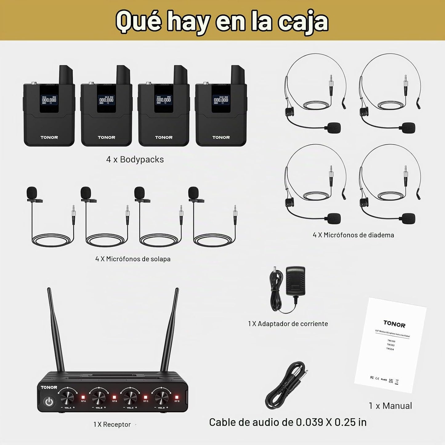 TONOR Sistema de Micrófonos Inalámbricos con Auriculares UHF\/Micró...