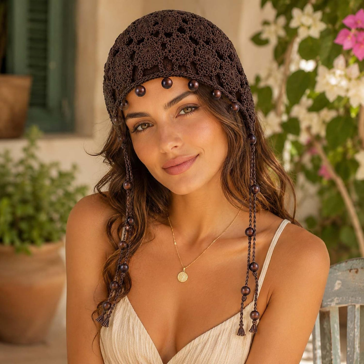 Gorros de ganchillo para mujer, boho, gorro de encaje con cuentas d...