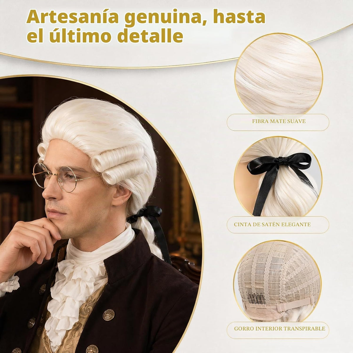 Bettecos Peluca colonial de juez para hombre, con gafas, peluca lar...