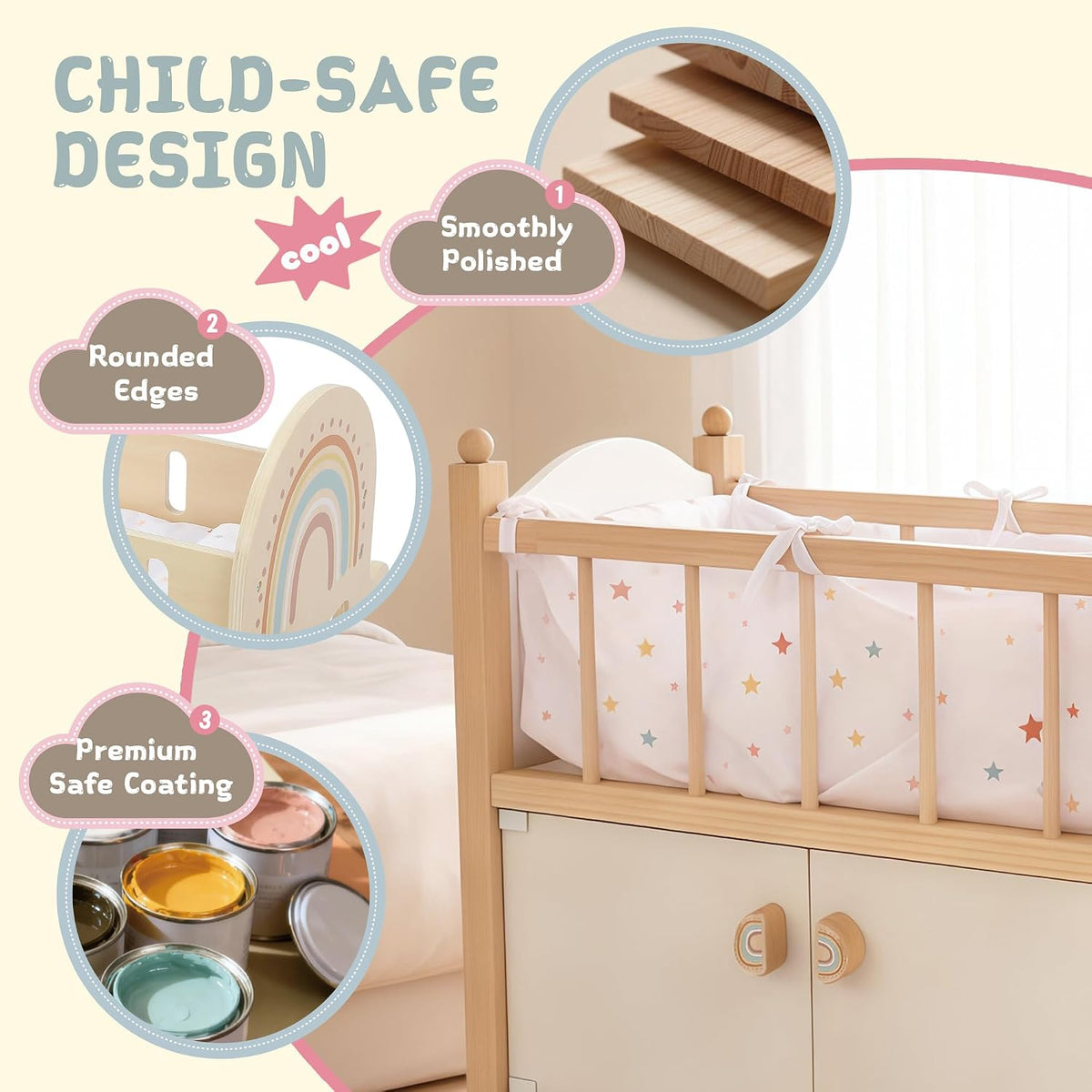 Freniland Cama de madera para muñecas con almacenamiento, ruedas y...