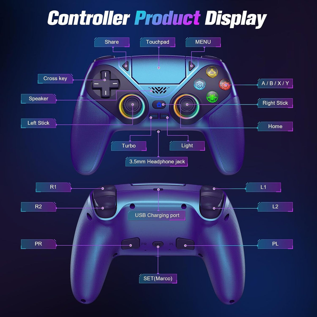 Controlador inalámbrico Gamrombo RGB para PS5\/PC \u2013 Gamepad Bl...
