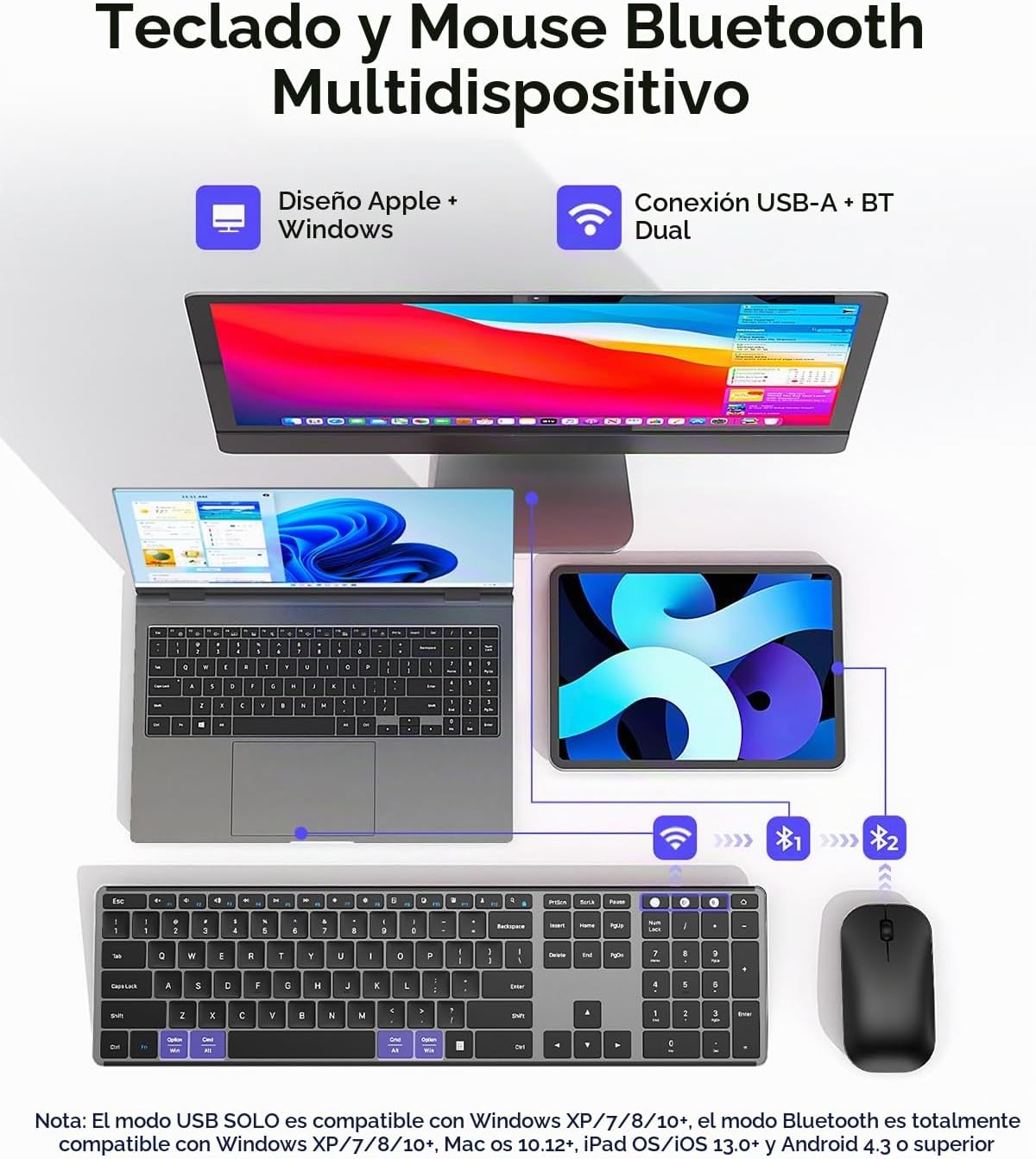 Seenda Combo de Teclado y Ratón Inalámbrico Bluetooth, SKM64-3 Tecl...