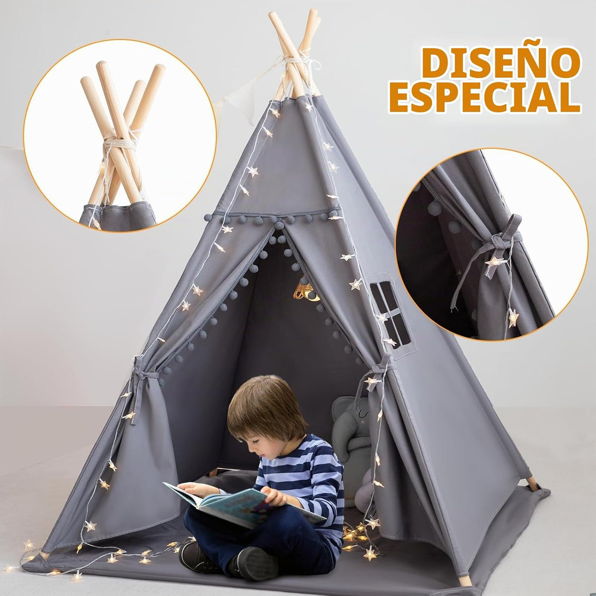 RONGFA Tienda de campaña tipi para niños con alfombra, luces de est...