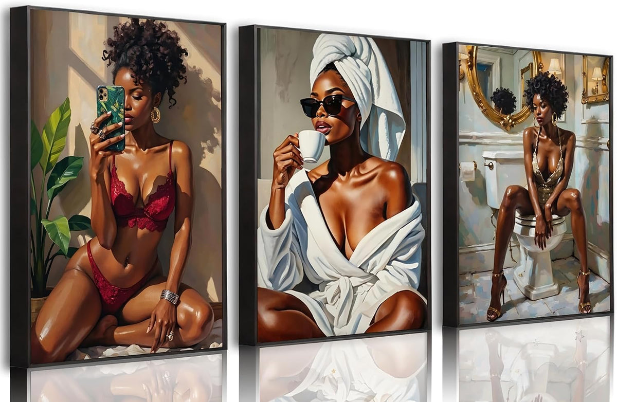 Pormipone 3 piezas de arte de pared de baño de niña negra, póster d...