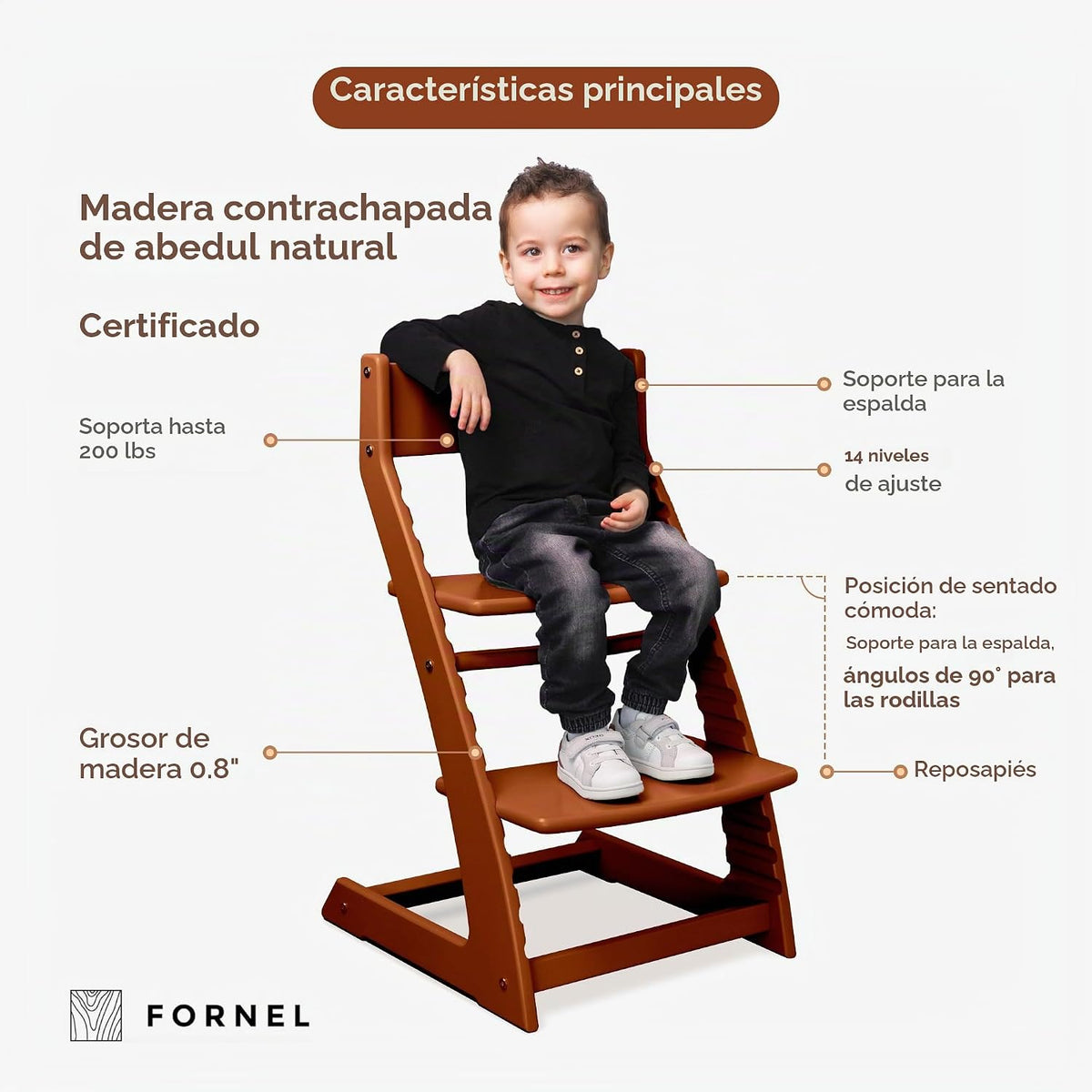 Fornel Silla alta de madera para bebés y niños pequeños, altura aju...