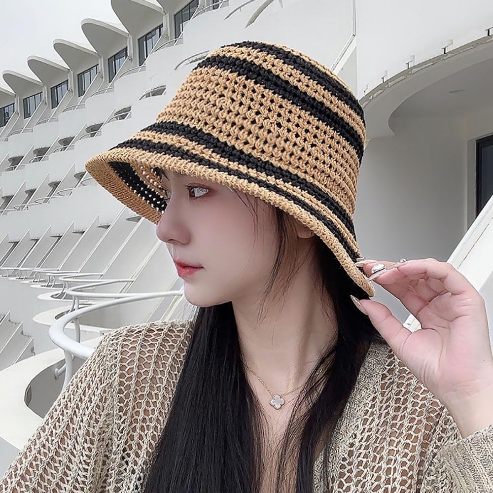 Sombrero de paja de verano para mujer, protección solar a rayas par...