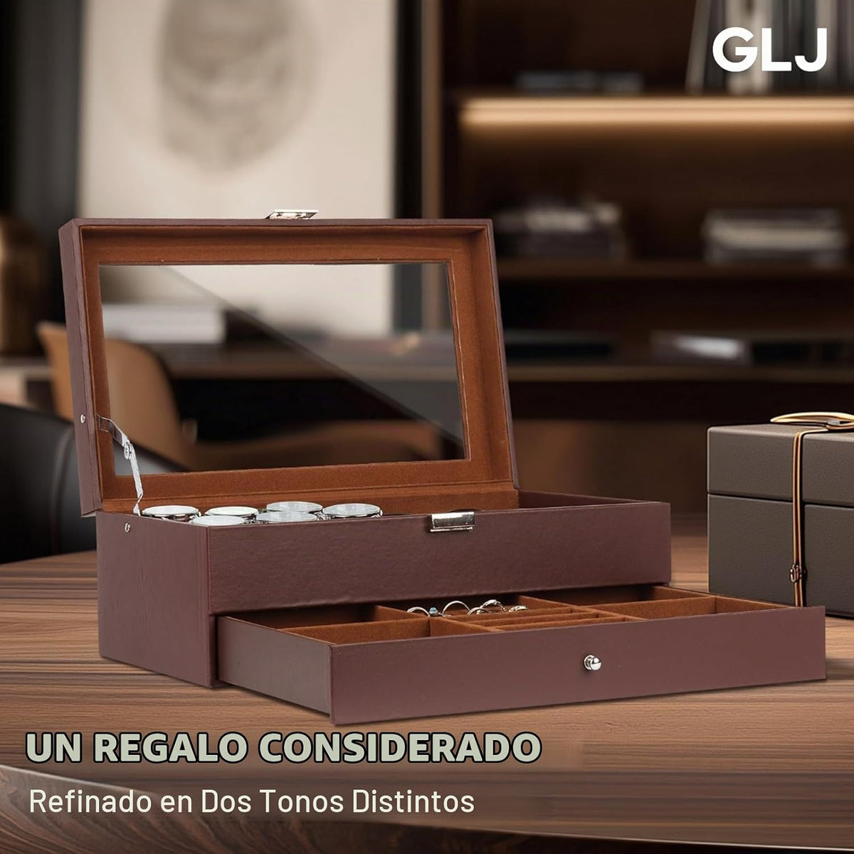 GLJ Caja de joyería para hombres, organizador de joyas con 6 ranura...