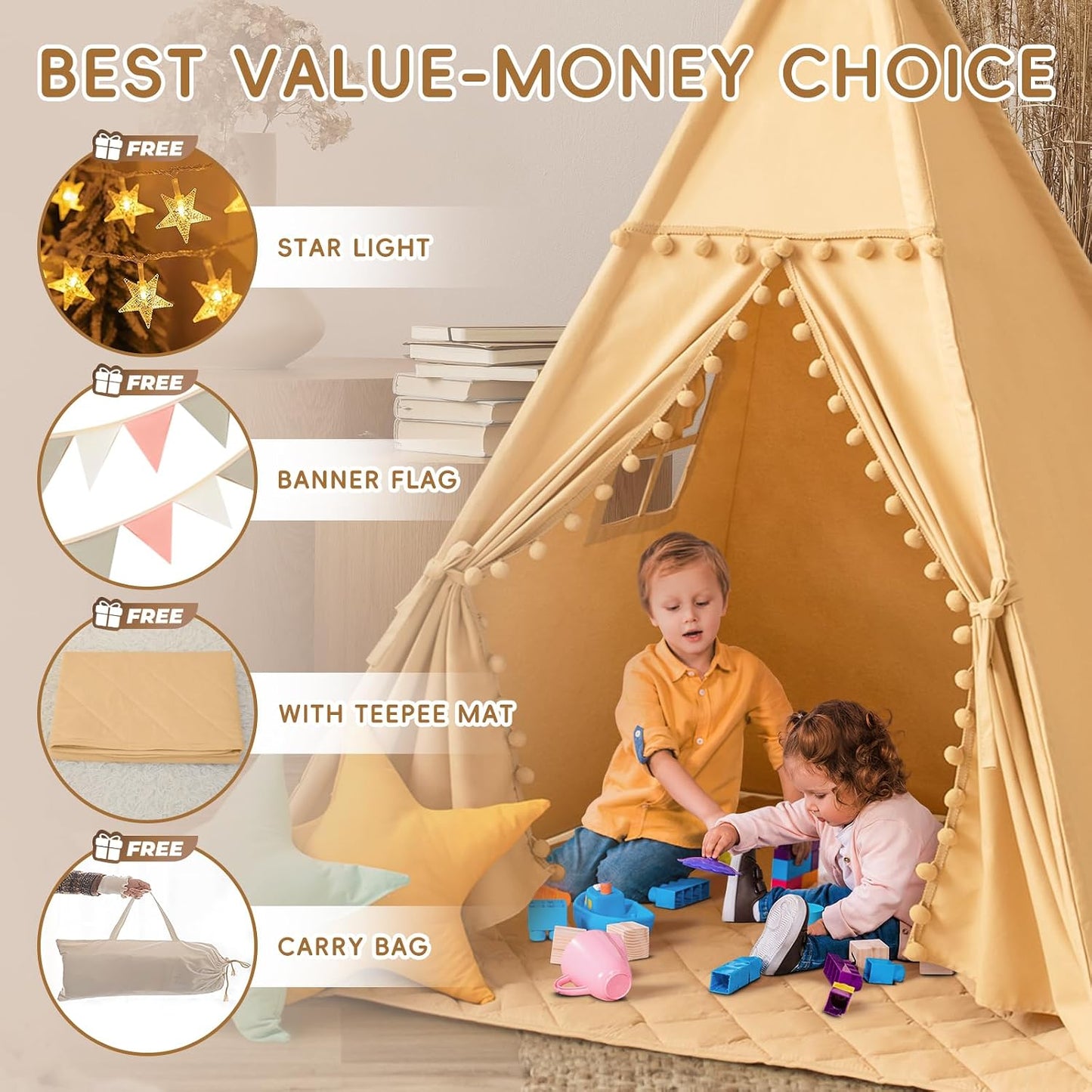 WIRHAO Tienda de campaña tipi para niños con alfombra, lona de algo...