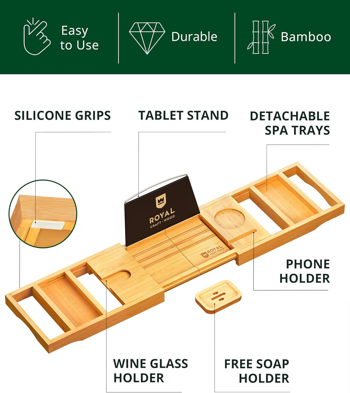 ROYAL CRAFT WOOD Bandeja de Caddy para Bañera de Bambú, Estante de...