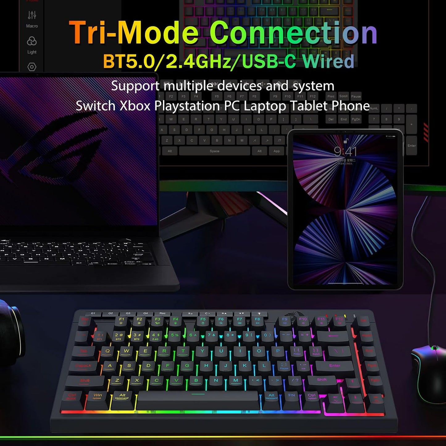 Redragon Teclado Inalámbrico Portátil para Juegos, Bluetooth\/2.4GH...
