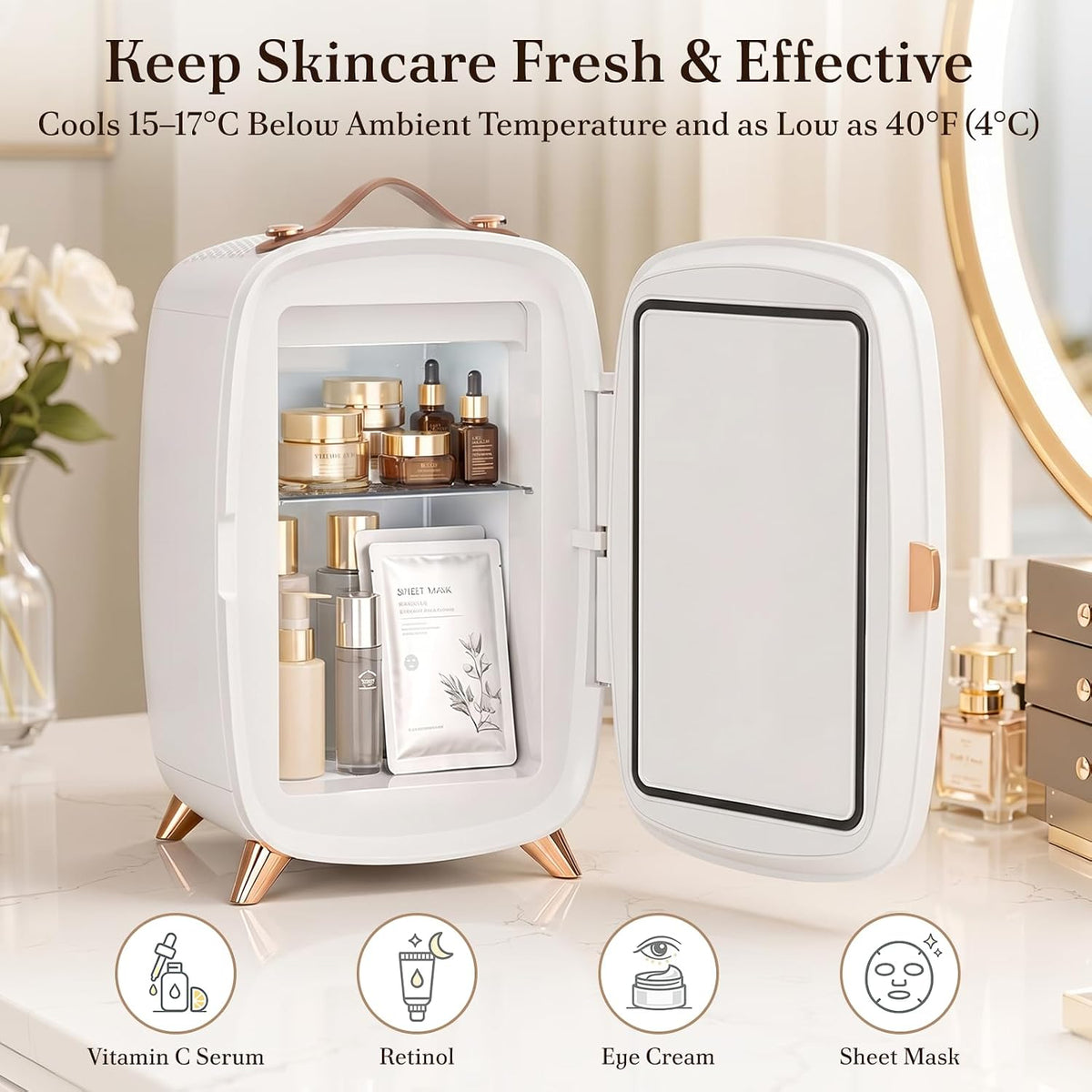 Electactic Mini refrigerador para el cuidado de la piel con espejo...