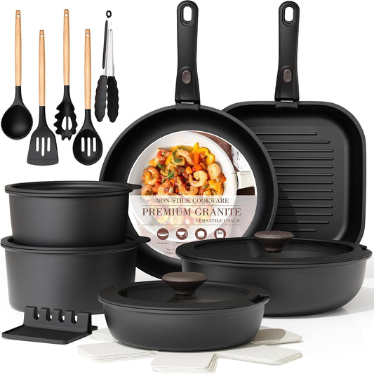 Astercook Juego de 23 ollas y sartenes antiadherentes, juego de ute...