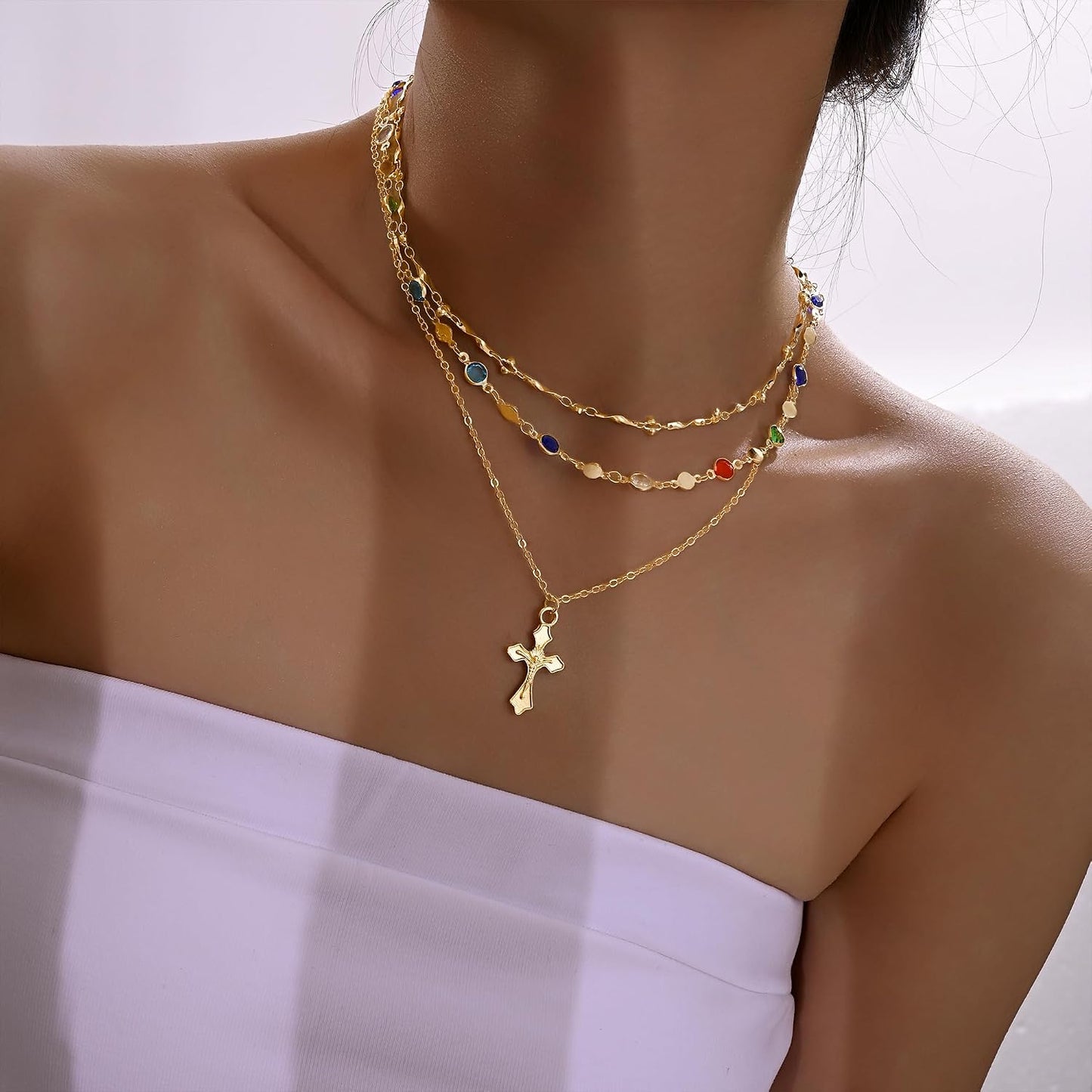 4 piezas de collares de cruz dorados en capas para mujer, modernos,...