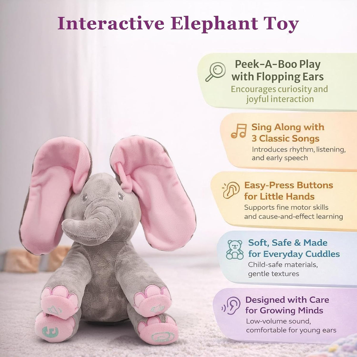 Dimple Kaia Elefante de Peek A Boo, Animal de Peluche Cantando Inte...