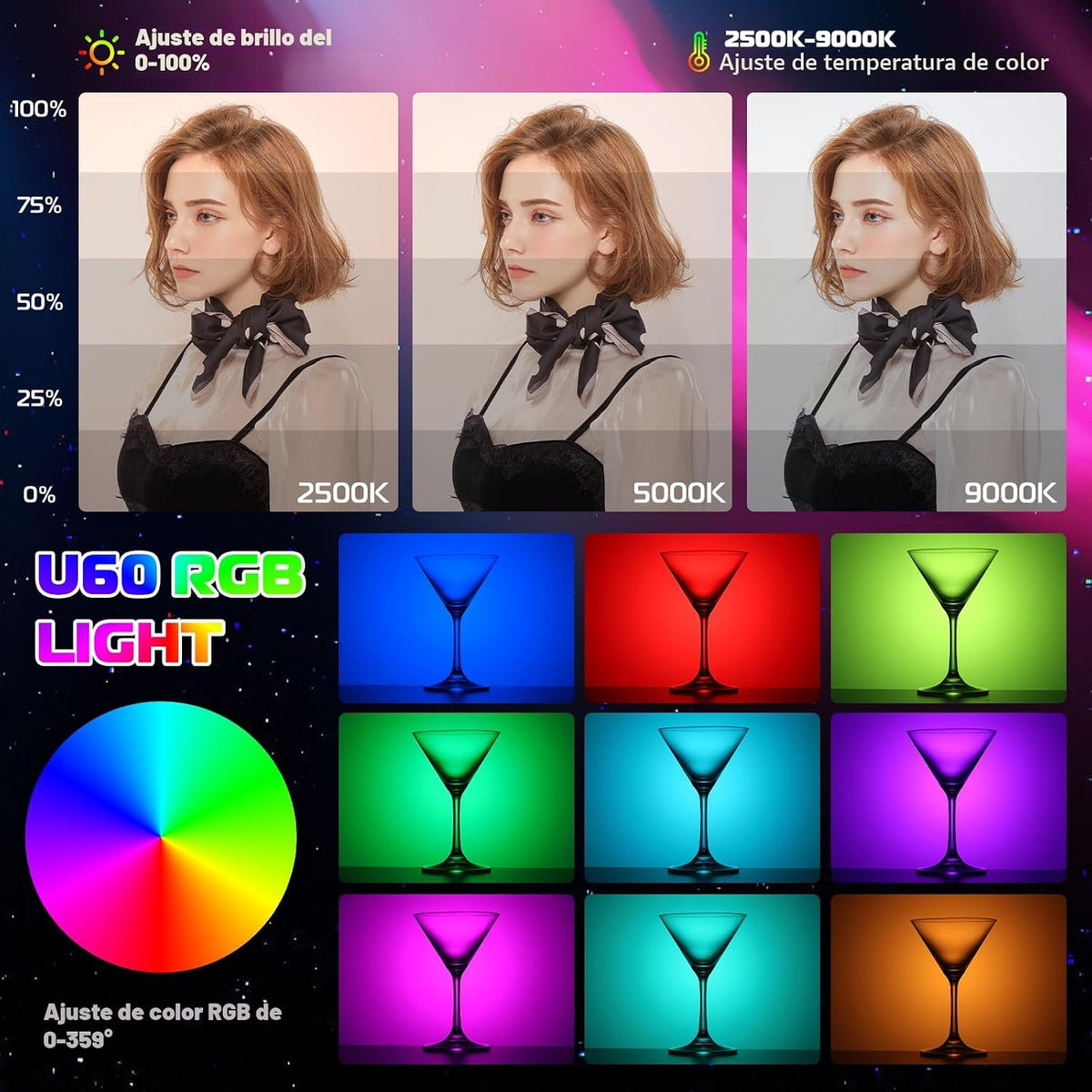 ULANZI Luces de video RGB U60 Luz de cámara LED blanca 360° Ilumina...