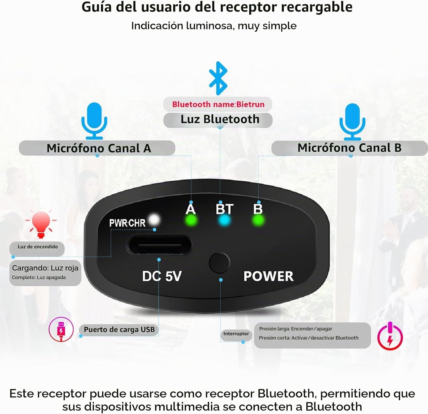 Bietrun - Micrófono inalámbrico recargable, micrófonos inalámbricos...