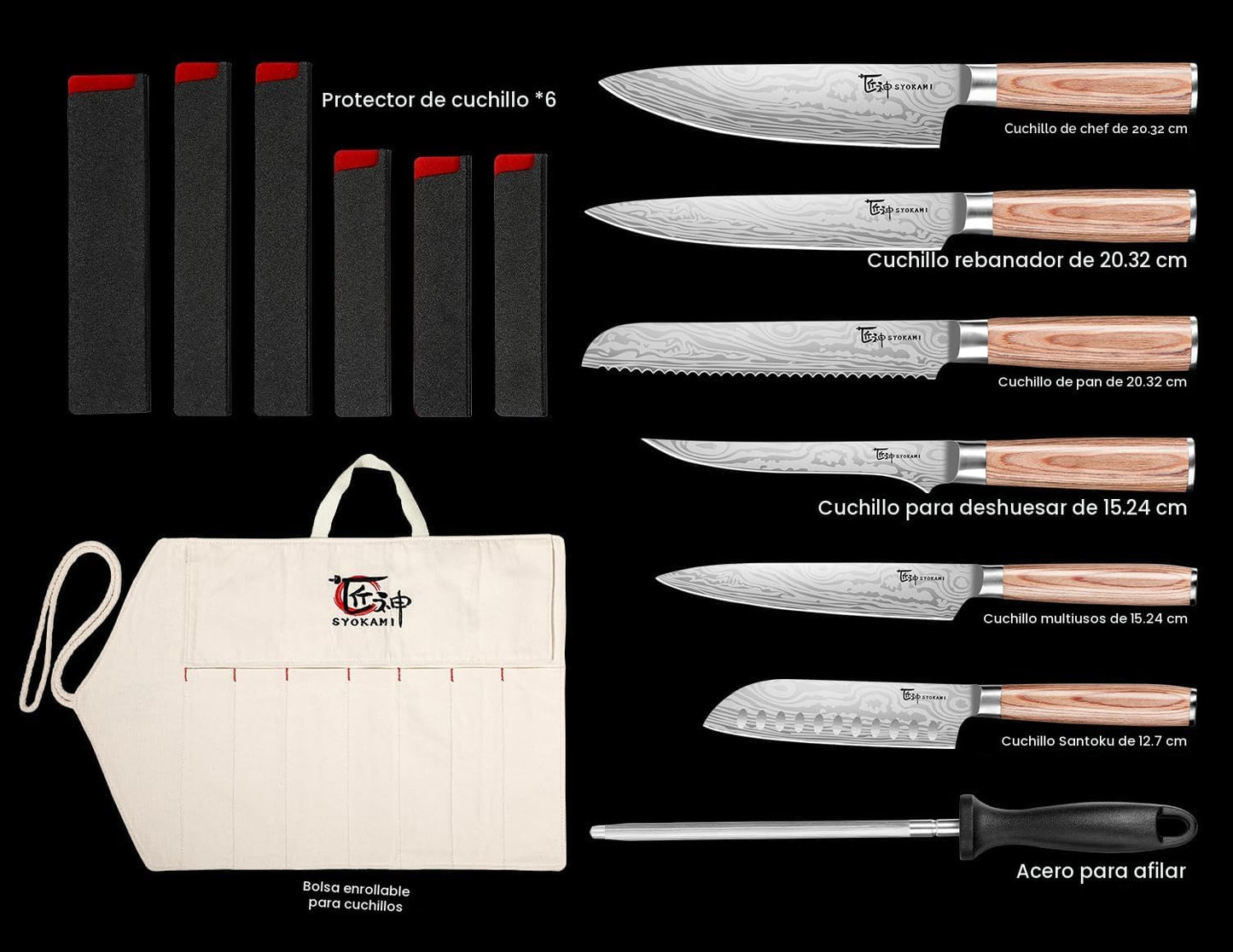 SYOKAMI Juego de cuchillos de chef de 14 piezas con bolsa enrollabl...