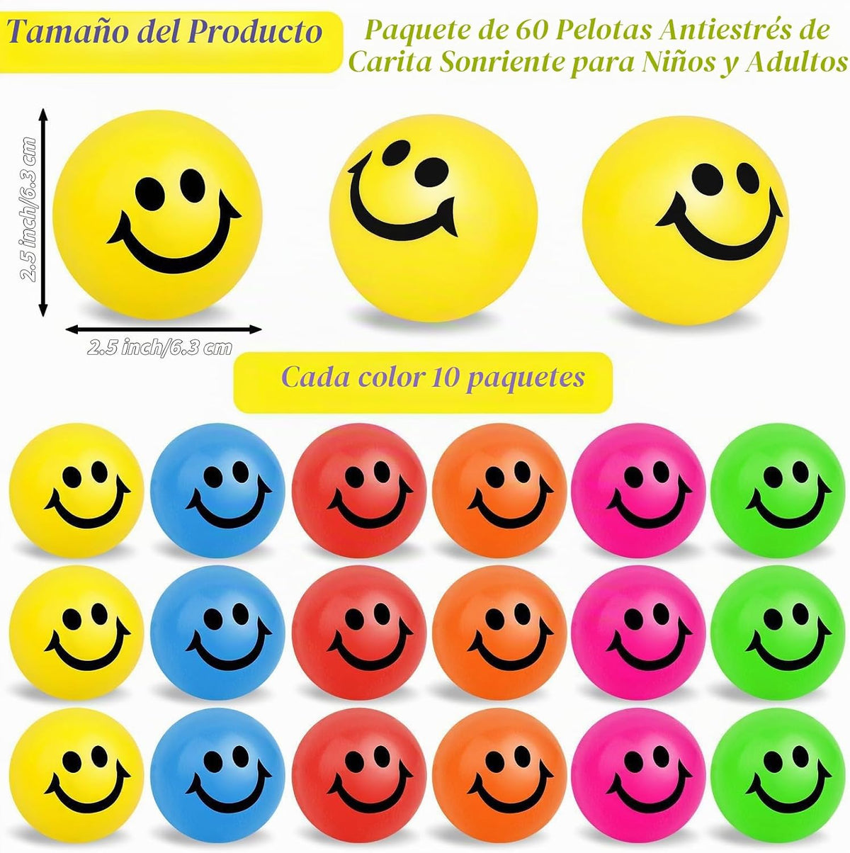 Paquete de 60 bolas de estrés con cara sonriente. Bolas antiestrés...