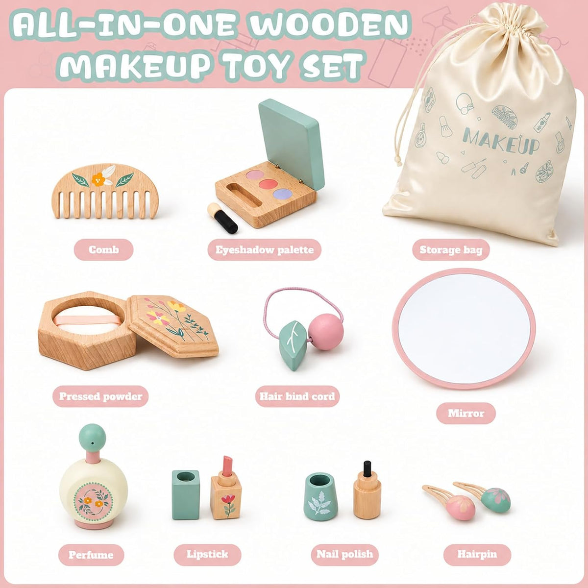 Kit de maquillaje de madera para niñas de 3 a 6 años, juego de maqu...