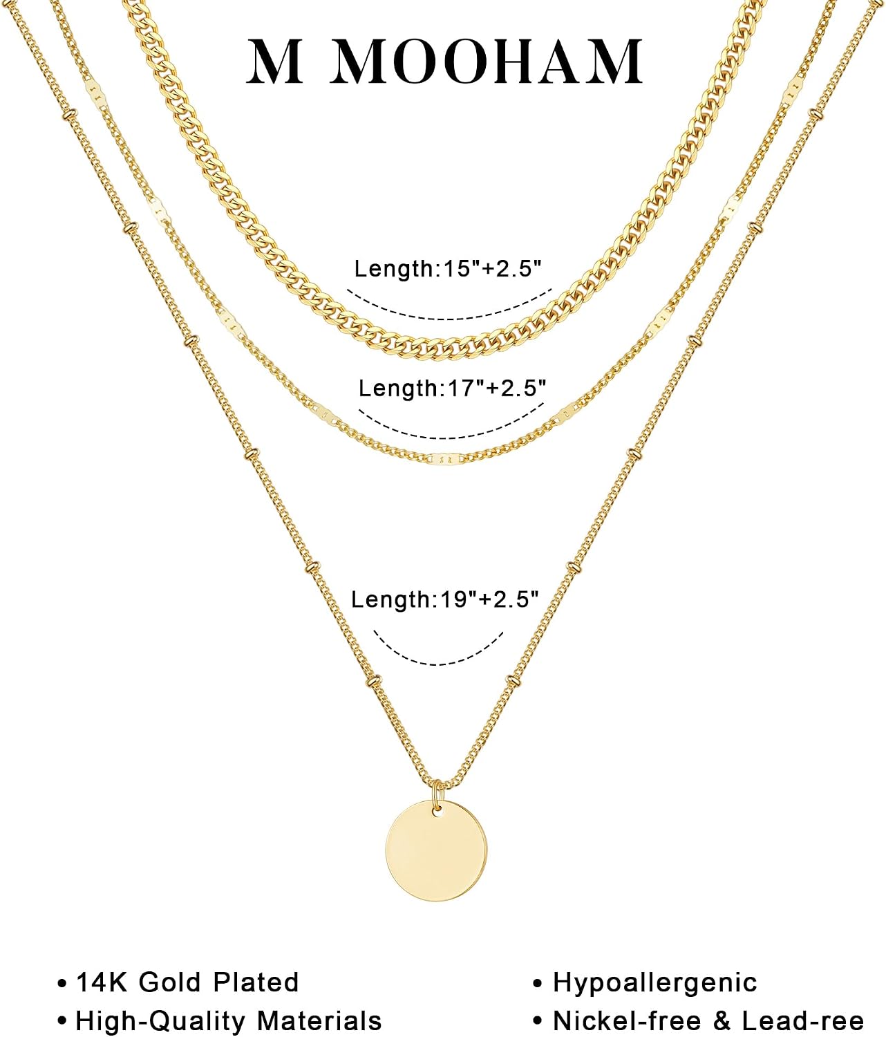 M MOOHAM Collares de oro en capas para mujer, chapado en oro de 14...
