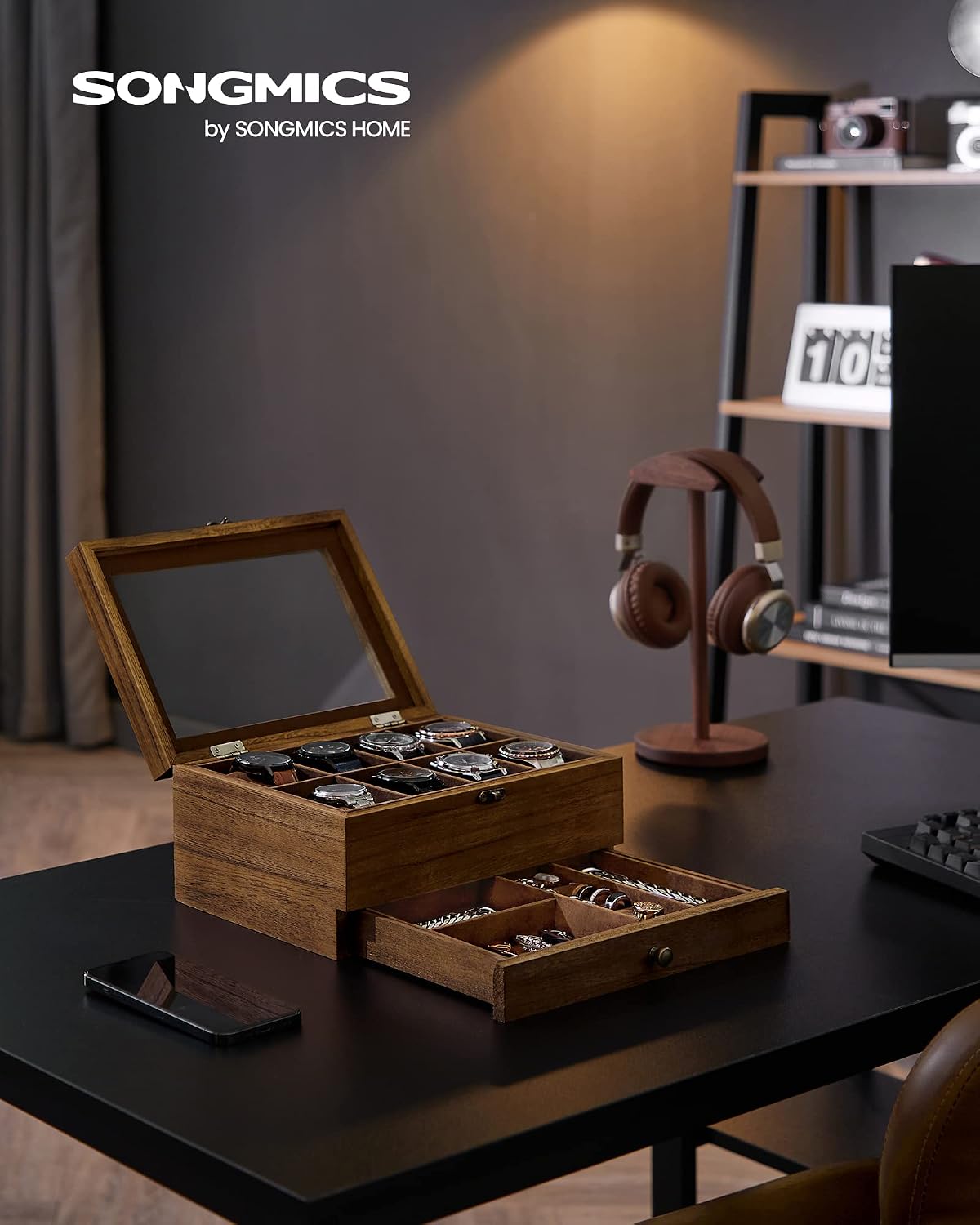 SONGMICS Caja de reloj de madera de 8 ranuras, vitrina con tapa de...