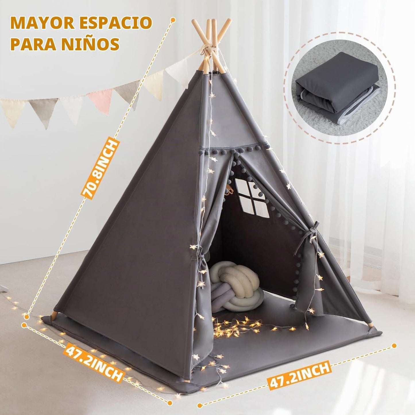 RONGFA Tienda de campaña tipi para niños con alfombra, luces de est...