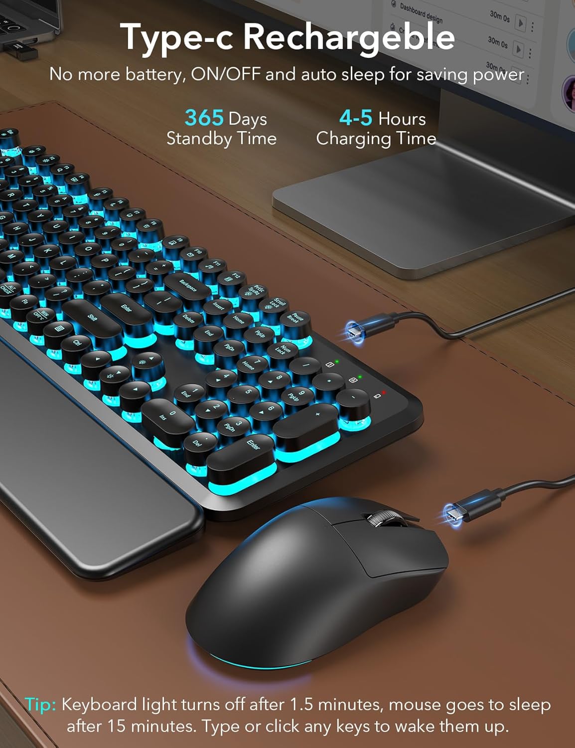Teclado y ratón inalámbricos retroiluminados - Teclado de máquina d...