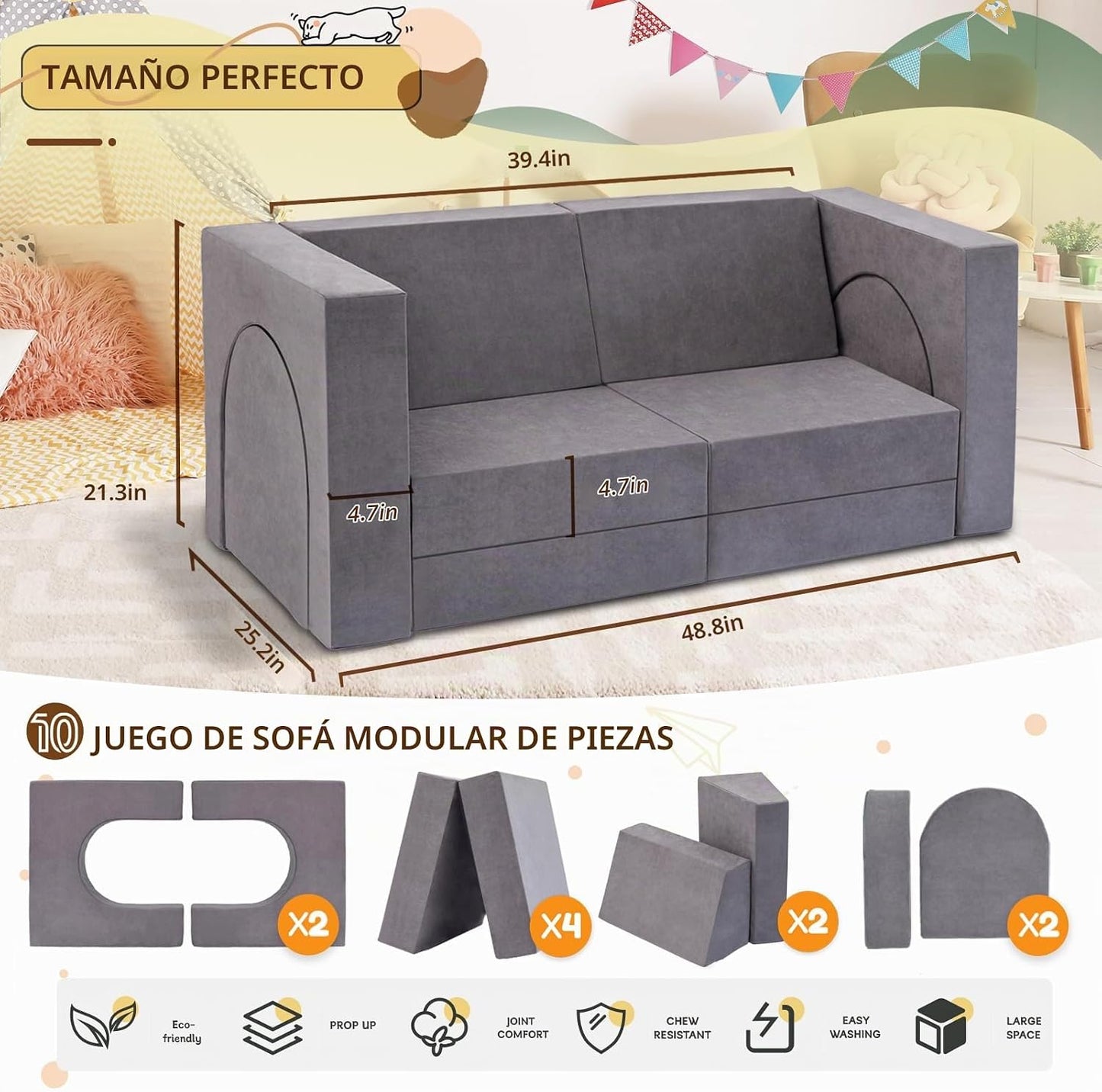 Fvkind Sofá modular de juegos para niños, 10 piezas para niños pequ...