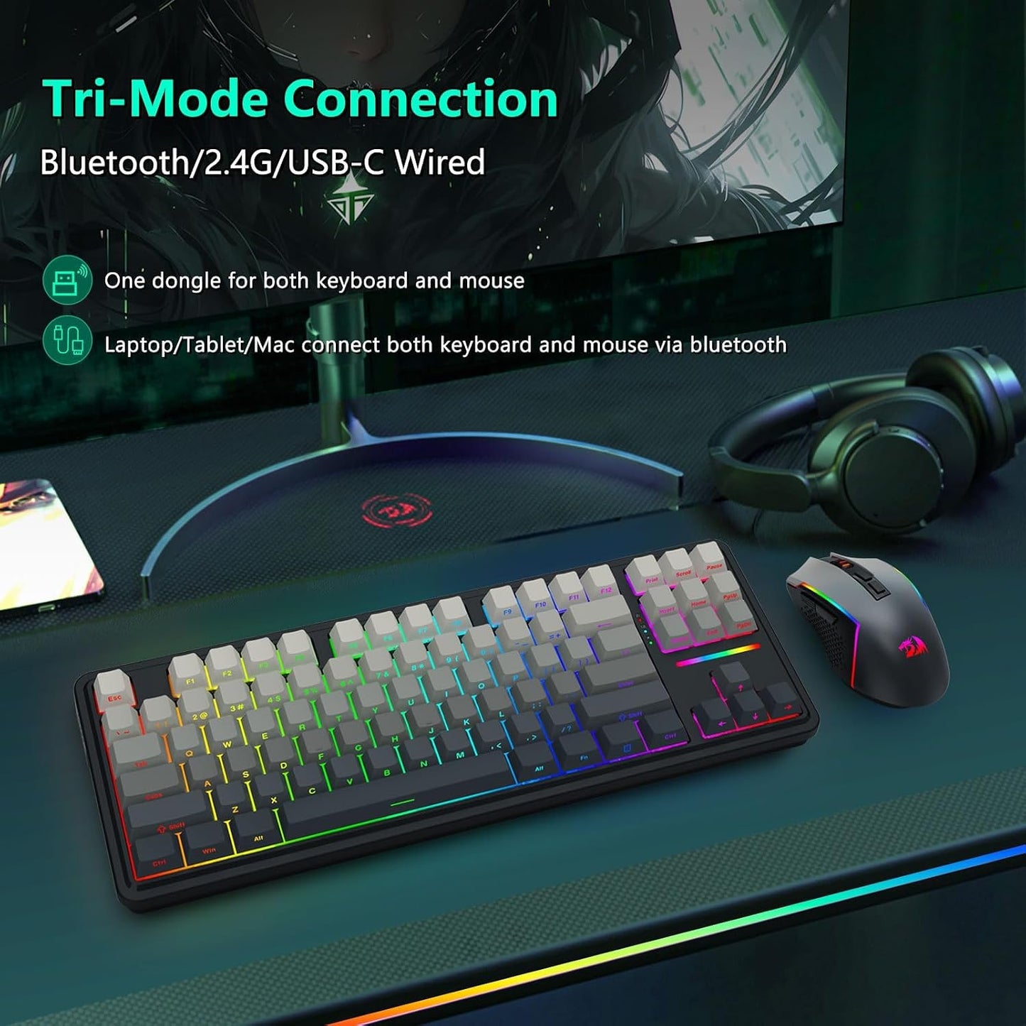 Redragon Combo de teclado mecánico inalámbrico y mouse, Bluetooth\/...