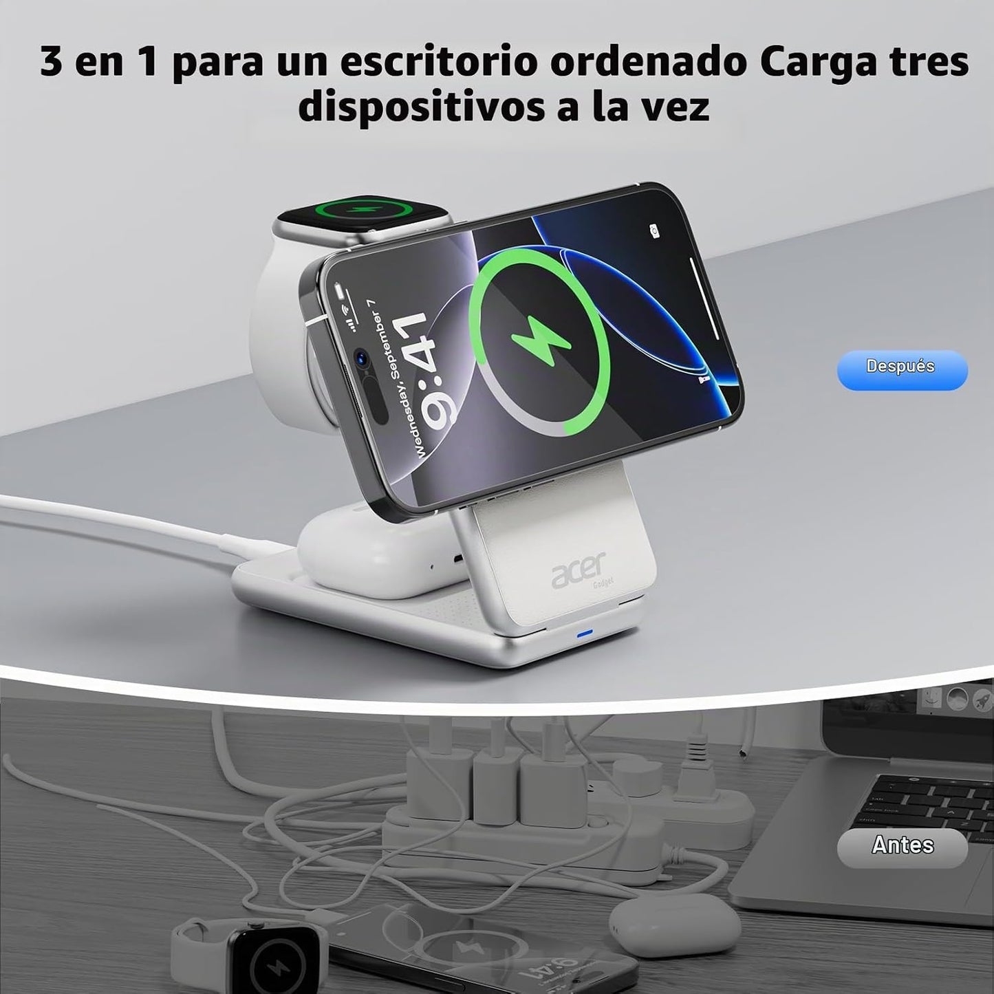 Acer Estación de carga 3 en 1 para iPhone, Soporte de cargador inal...
