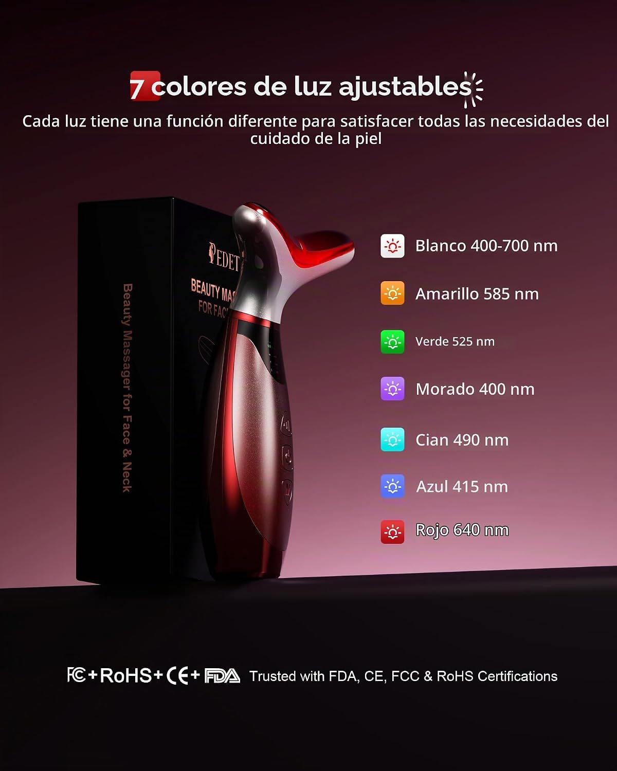 Pedete Masajeador facial, terapia de luz roja de 7 colores para car...