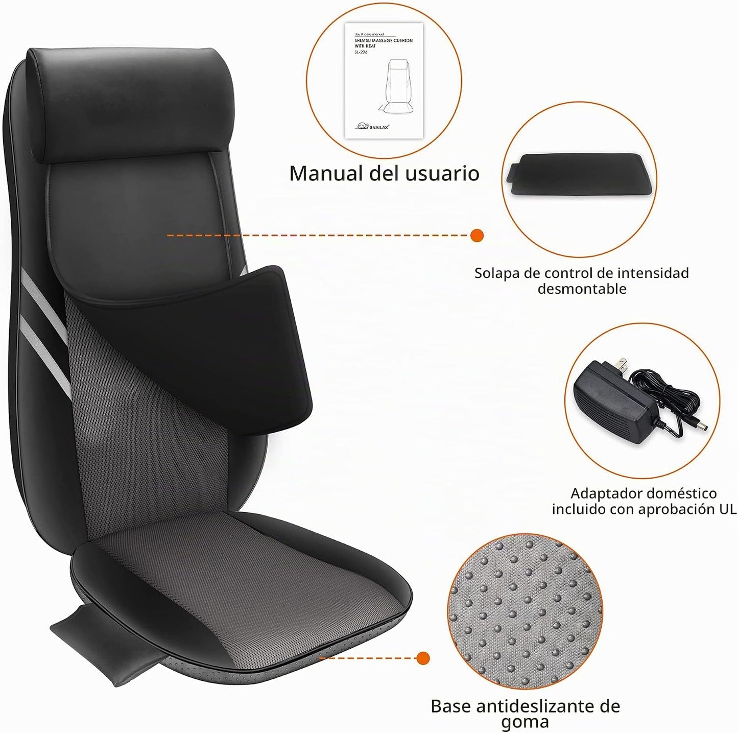 Snailax - Masajeador de espalda con calor, cojín de asiento de masa...