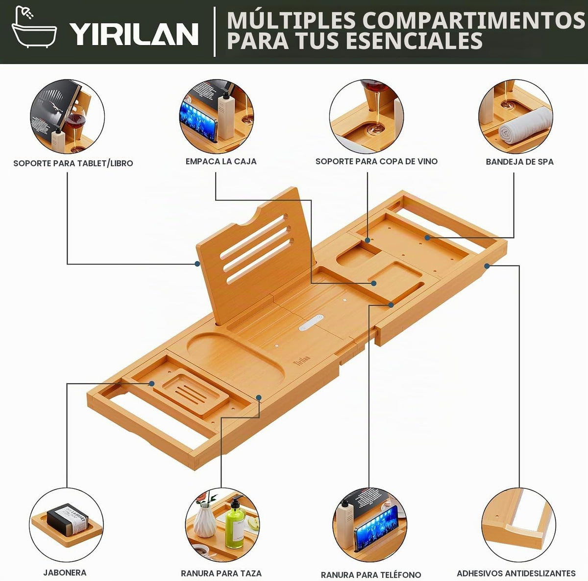 Yirilan Bandeja de baño de bambú, organizador de baño plegable de a...