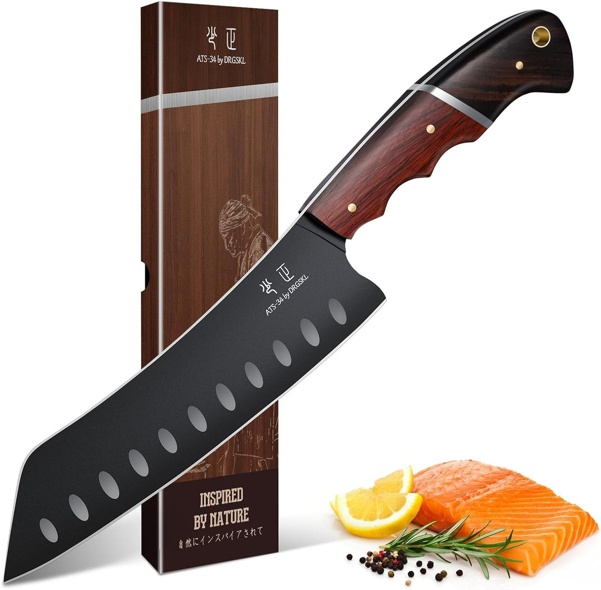 DRGSKL Santoku Cuchillo de chef japonés de 7 pulgadas para pescado...