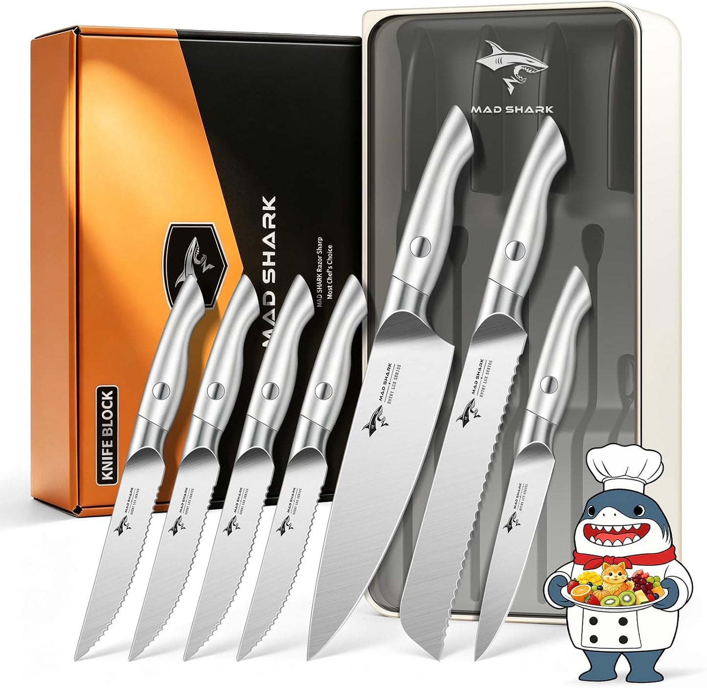 MAD SHARK Juego de 8 cuchillos de cajón con organizador, juegos de...