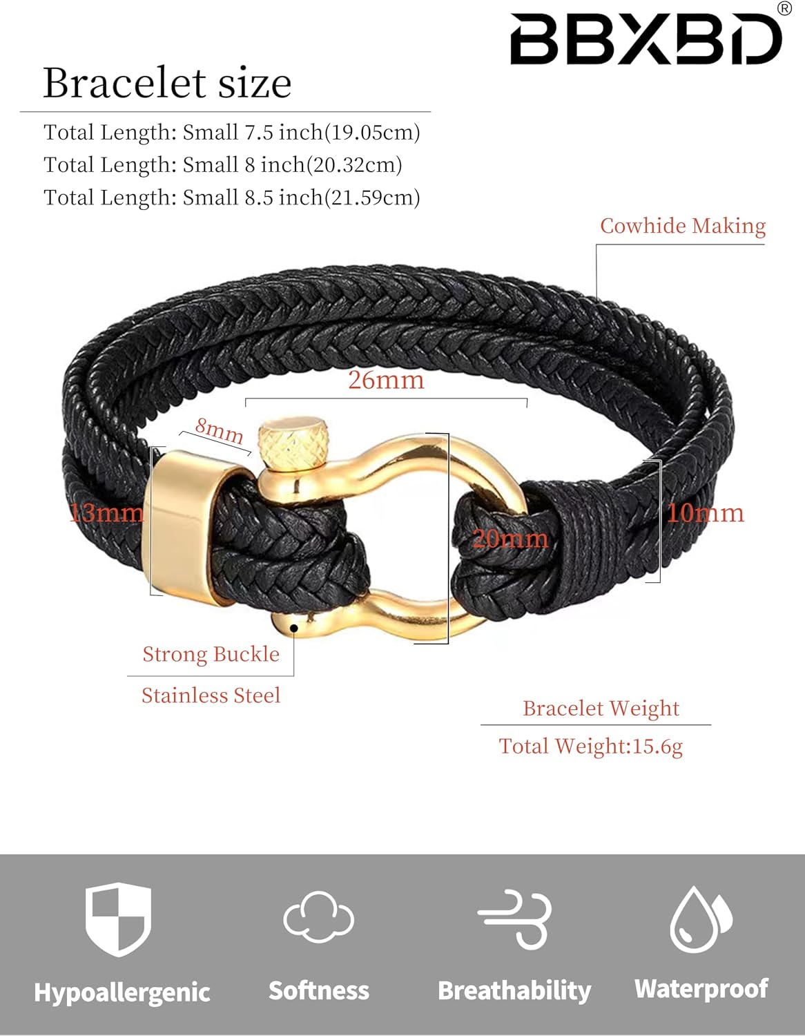 BBXBD Pulsera de Cuerda para Hombre, Cuero con Hebilla de Acero Ino...